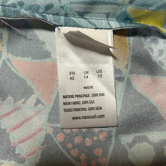 Manoush Geometric Button Down Shirt With Front Pocket 100% Silk Sz 10 F - Picture 4 of 4